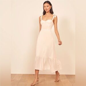 Reformation Nikita Cream Midi Dress with Ruffle Hem